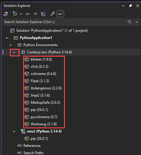 Visual Studio の ソリューション エクスプローラー における環境の Python パッケージを示すスクリーンショット。