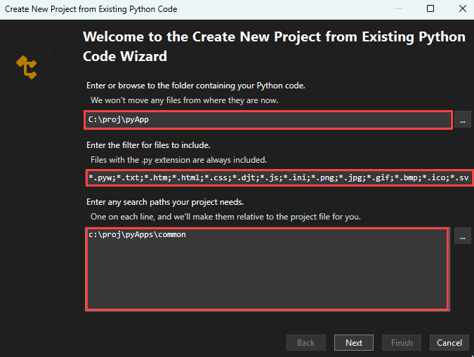 Visual Studio で既存のコードから新しいプロジェクトを作成する際のスクリーンショット。これには、フォルダー パス、ファイルの種類フィルター、検索パスの選択が含まれます。