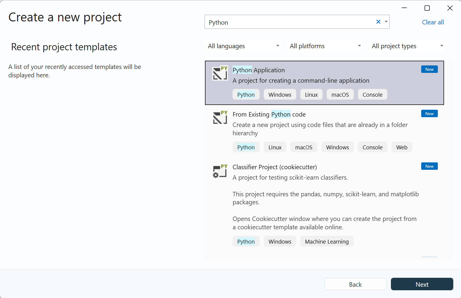 Visual Studio の [新しいプロジェクトの作成] ダイアログを示すスクリーンショット。Python プロジェクト テンプレートが表示されます。