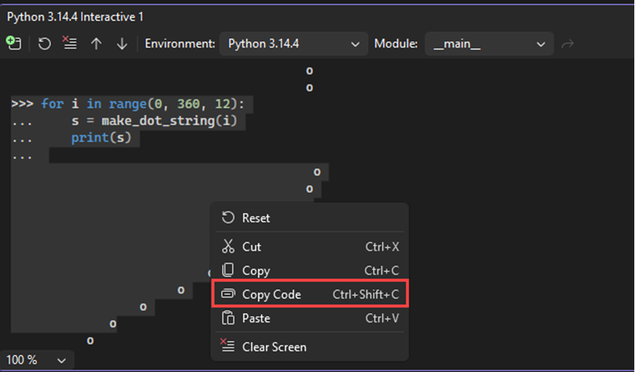Visual Studio でのプロンプトと出力を含む選択項目の対話型ウィンドウ コピー コード コマンドを示すスクリーンショット。