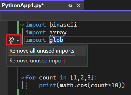 Visual Studio 2022 で未使用のインポートを削除するためのオプションにアクセスする方法を示すスクリーンショット。