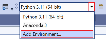 Python ツールバーの [環境の追加] コマンドを示すスクリーンショット。