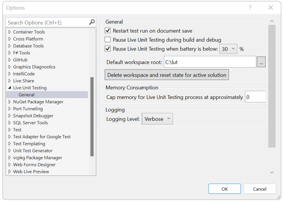 Live Unit Testing の構成オプションを示すスクリーンショット。