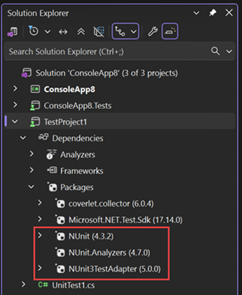 ソリューション エクスプローラー における NUnit NuGet 依存関係を示すスクリーンショット。