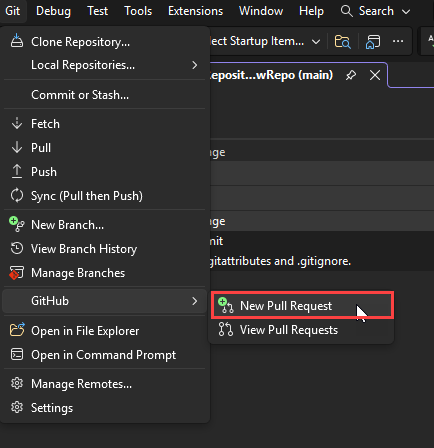GitHub が選択され、Visual Studio で [新しいプル要求] テキストが強調表示されている Git の最上位メニューのスクリーンショット。