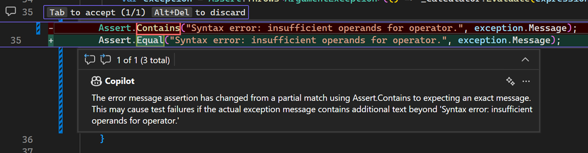 Visual Studio の pull request コメントに基づいて Copilot コードの提案を要求する方法を示すスクリーンショット。