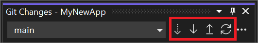 Visual Studio 2022 で [フェッチ]、[プル]、[プッシュ]、[同期] の各ボタン コントロールが強調表示されている [Git Changes]\(Git の変更\) ウィンドウ。