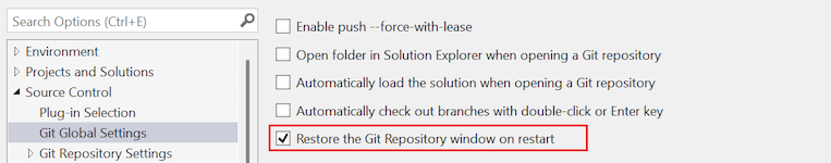 [オプション] ダイアログの [再起動時に Git リポジトリ ウィンドウを復元する] オプションのスクリーンショット。