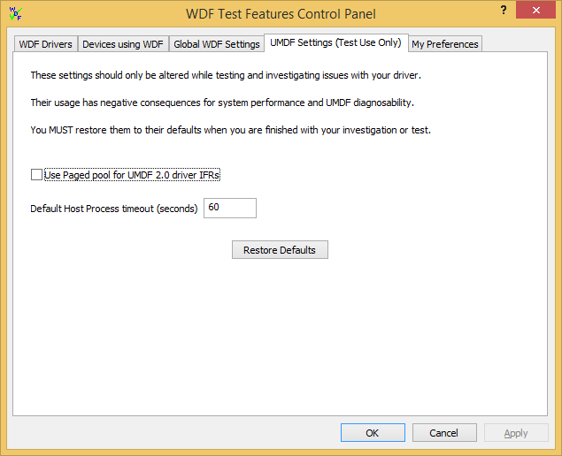 WDF 検証ツールの [UMDF 設定 (テスト使用のみ)] タブのスクリーンショット。