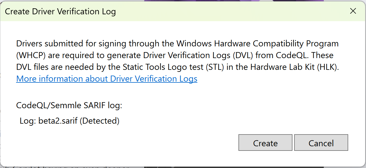 CodeQL DVL 生成の Visual Studio 通知のスクリーンショット。