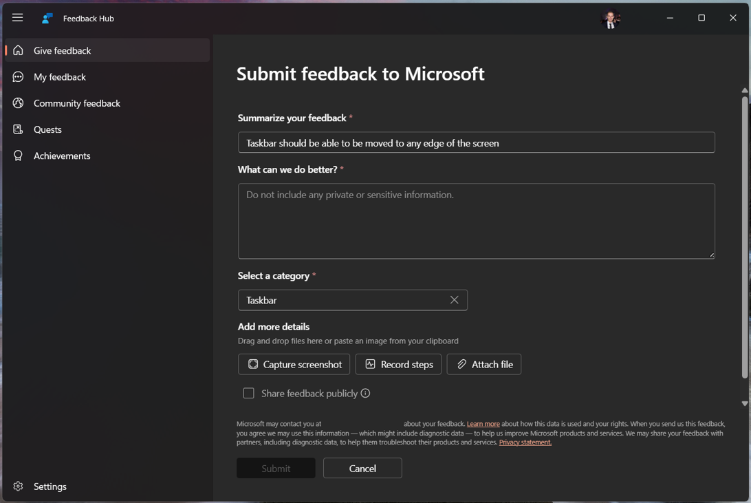 フィードバック Hub の提案フォーム