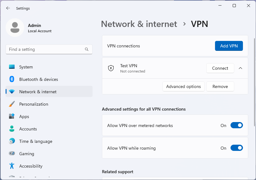 Windows 11 設定アプリで選択したプロファイルを含む VPN ページのスクリーンショット。