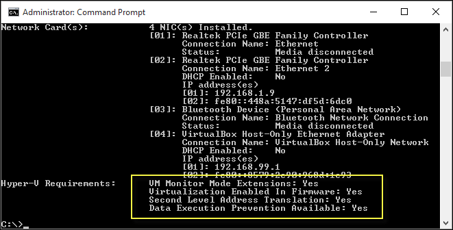 [Hyper V 要件] セクションの出力に重点を置いた [管理者コマンド プロンプト] 画面のスクリーンショット。