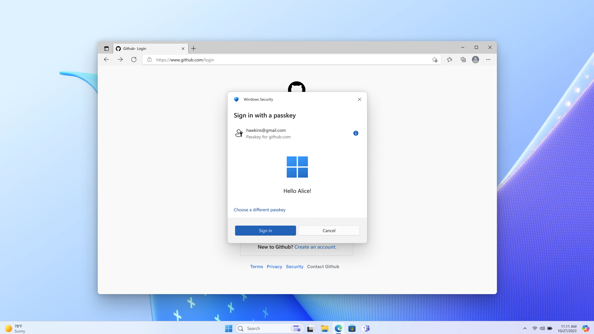 Windows Hello でのログインの成功