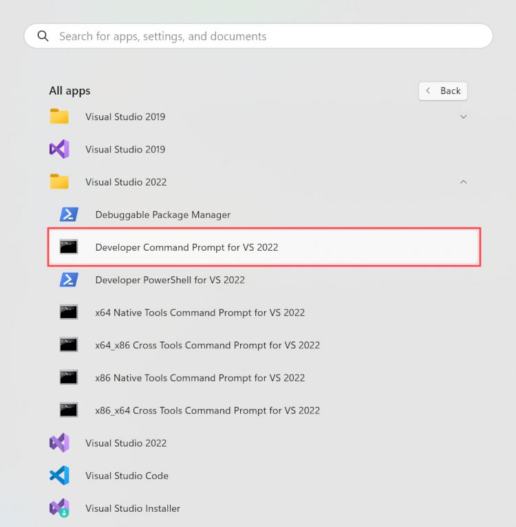 VS 2022 の開発者コマンド プロンプトが強調表示されている Windows の [スタート] メニューのスクリーンショット。