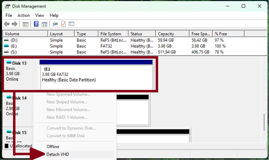 VHD を選択でき、[VHD のデタッチ] がアクション メニューのオプションであることを示すディスク管理ツールのスクリーンショット。
