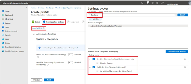 Dev Drive の結果を含む Microsoft Intune 管理センターの設定ピッカーのスクリーンショット