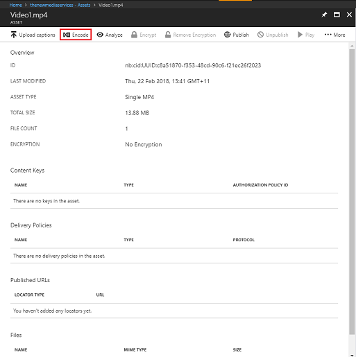 アセット ページのスクリーンショット。エンコード ボタンが強調表示されています。