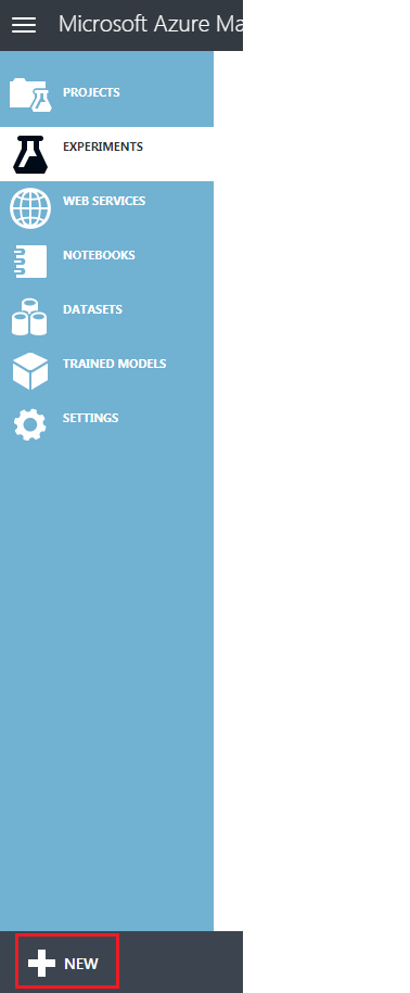 Microsoft Azure Machine Learning Studio クラシック ポータルのスクリーンショット。メニューの [新規] ボタンが強調表示されています。