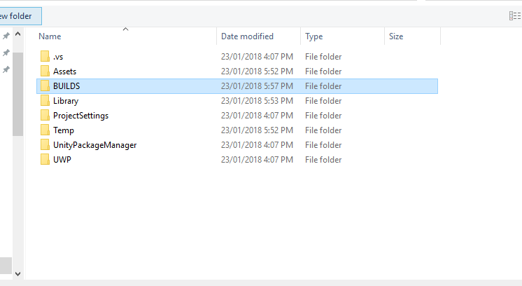 強調表示されているビルド フォルダーを示すエクスプローラー ウィンドウのスクリーンショット。