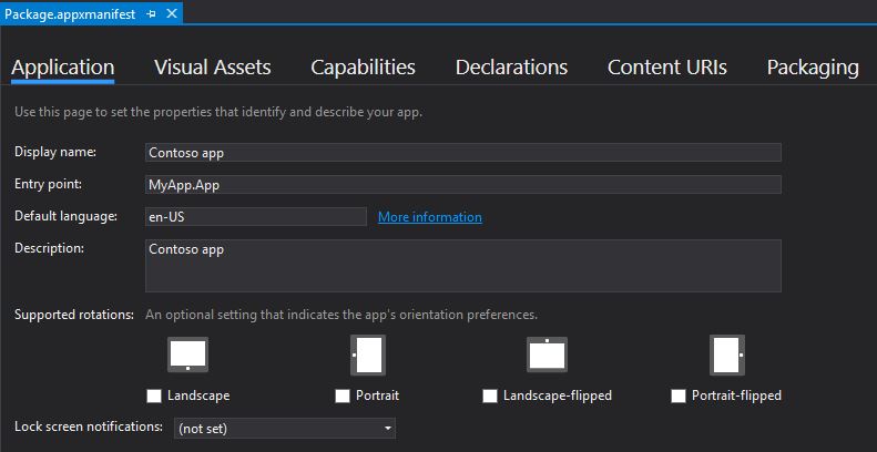 Visual Studio のマニフェストデザイナー