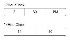 12 時間制を示すタイム ピッカーと、24 時間制を示すピッカー。