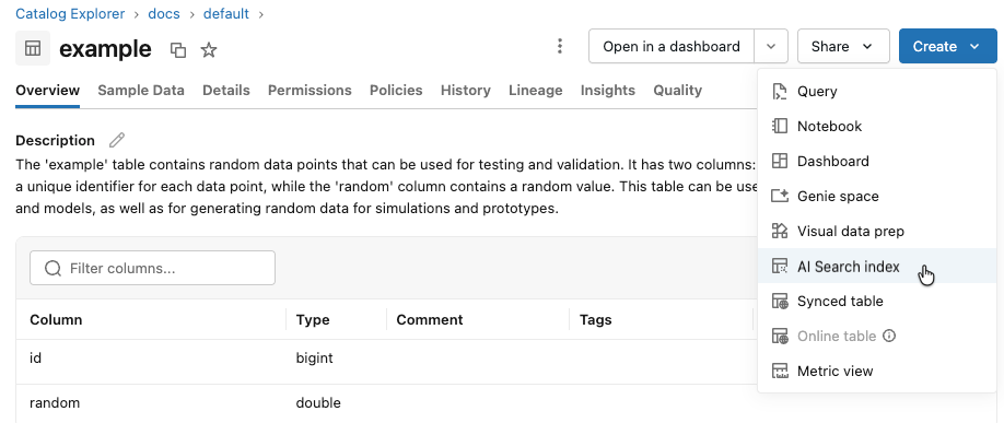 Create index button