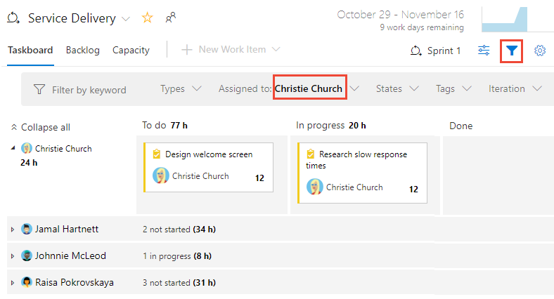Screenshot of Taskboard, filtered on a person.