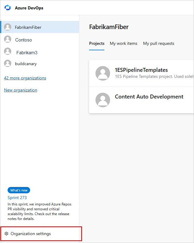 Screenshot showing Organization settings button for selection.
