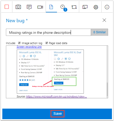 Screenshot of a new bug form with a captured screen recording and the Save button highlighted.