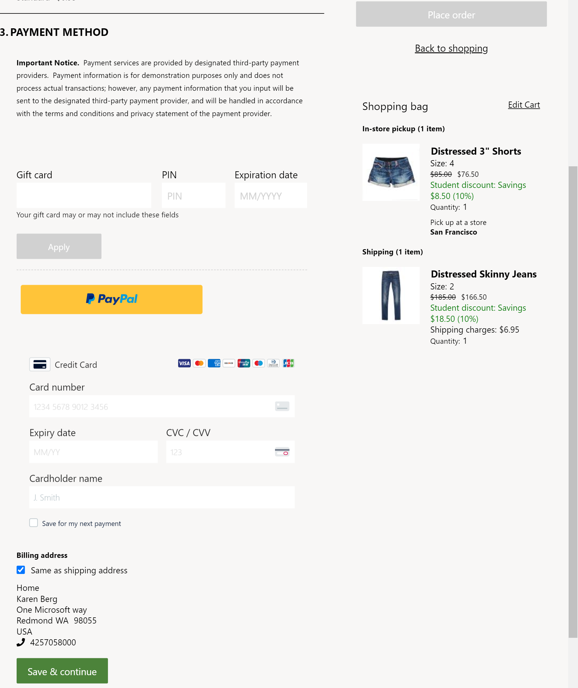 Skjermbilde av Adyen-betaling og PayPal moduler på en utsjekkingsside.