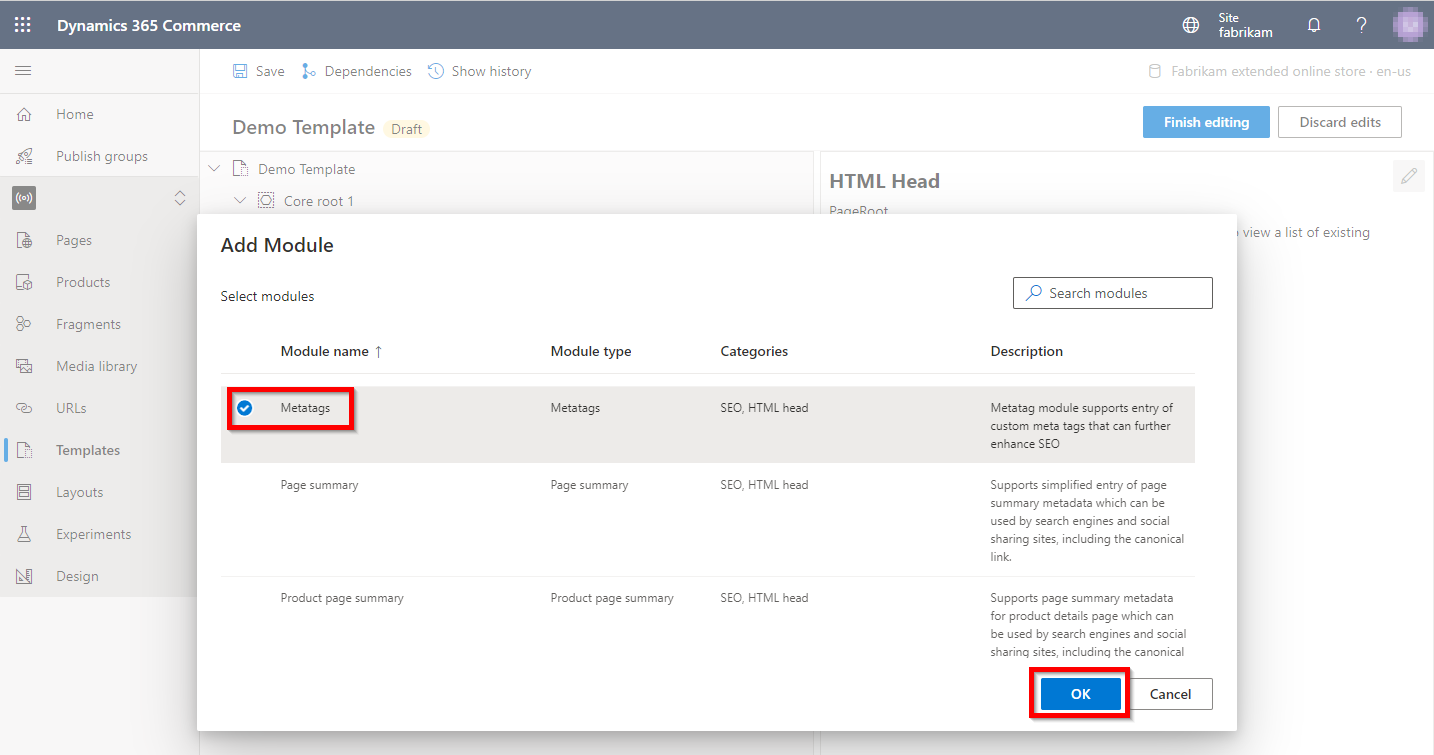 Screenshot of adding a metatags module.