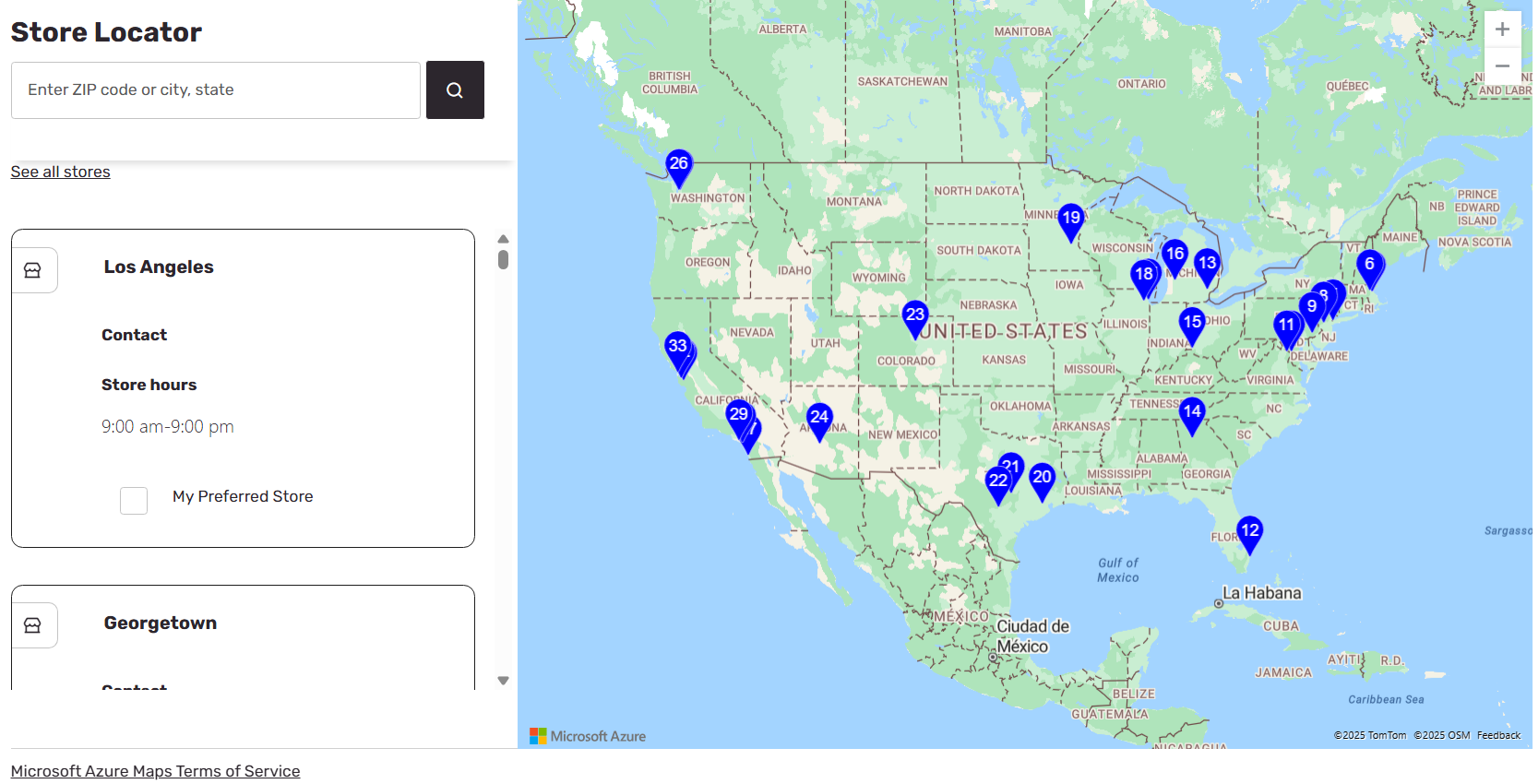 Eksempel for en butikkvelgermodul og Azure Maps-modul på en butikkplasseringsside.