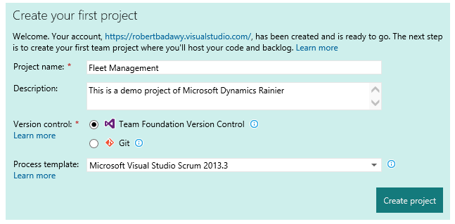 Screenshot of the Create your first project dialog in Azure DevOps.