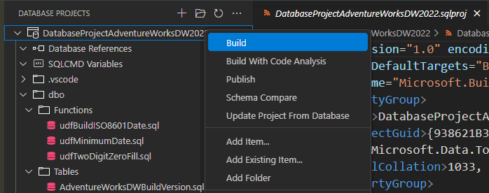 Skjermbilde fra Visual Studio Code som viser valget for å bygge databaseprosjektet.