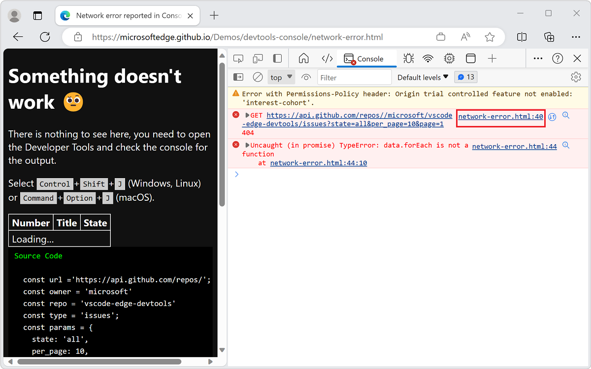 Console tool error with clickable filename and line number