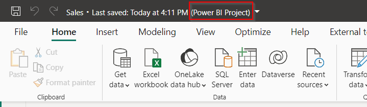 Skjermbilde som viser Power BI Desktop-tittelen når du lagrer til prosjektet.