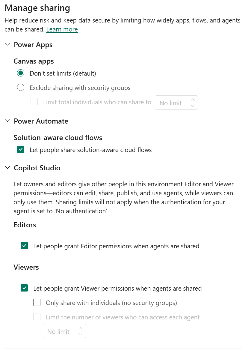Skjermbilde av innstillingsskjermen Rediger miljøadministrasjon med Begrens deling uthevet.