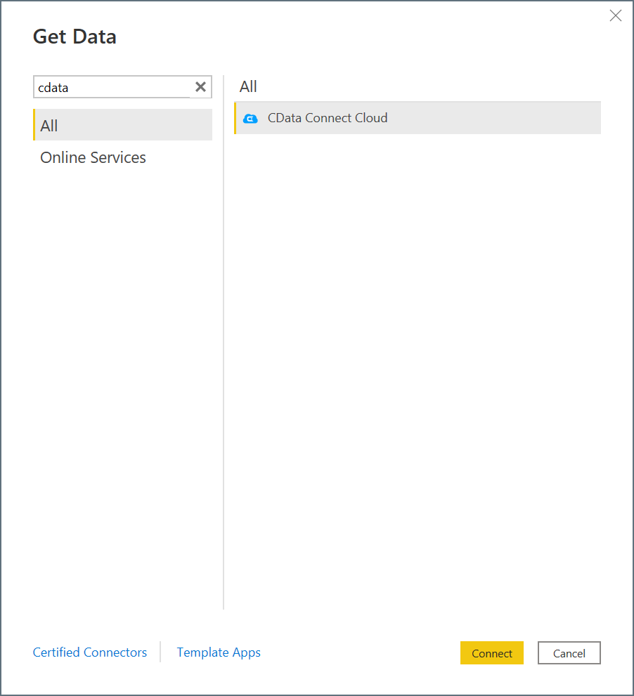 Skjermbilde av dialogboksen Hent data der du velger CData Connect Cloud.