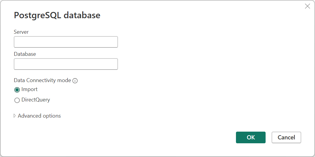 Skjermbilde av PostgreSQL-tilkoblingsbyggeren i Power BI.