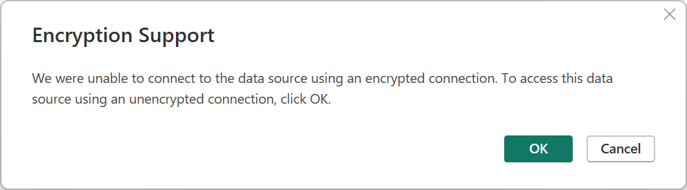 Skjermbilde av støtteadvarselen for SQL Server-databasekryptering.