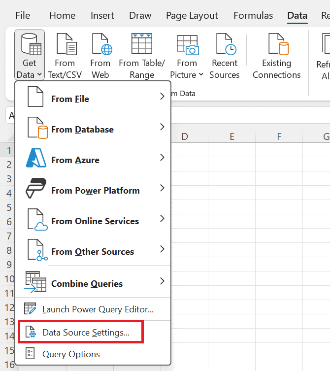 Skjermbilde av Excel-arbeidsboken med fokus på Data Source Settings-alternativet.