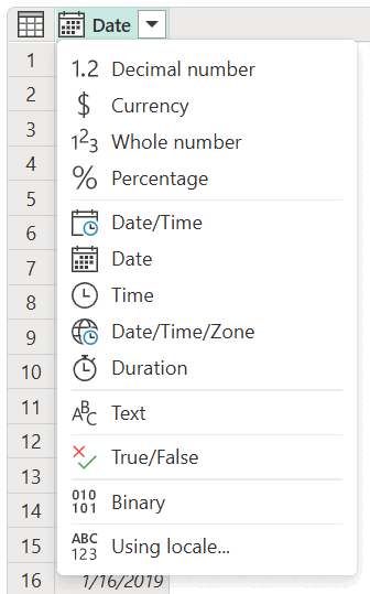 Skjermbilde av datatypemenyen i kolonneoverskriften.
