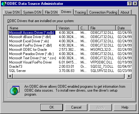 ch23g ODBC Data Source Administrator Drivers tab