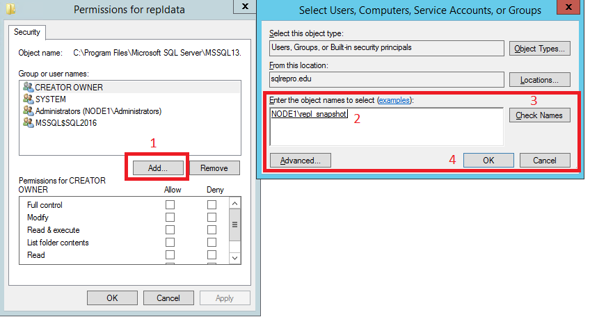 Screenshot of selections to add security permissions.
