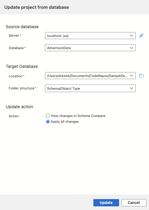 Screenshot of Update Database dialog in Visual Studio Code.