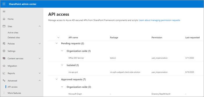 A página de acesso à API no centro de administração do SharePoint moderno