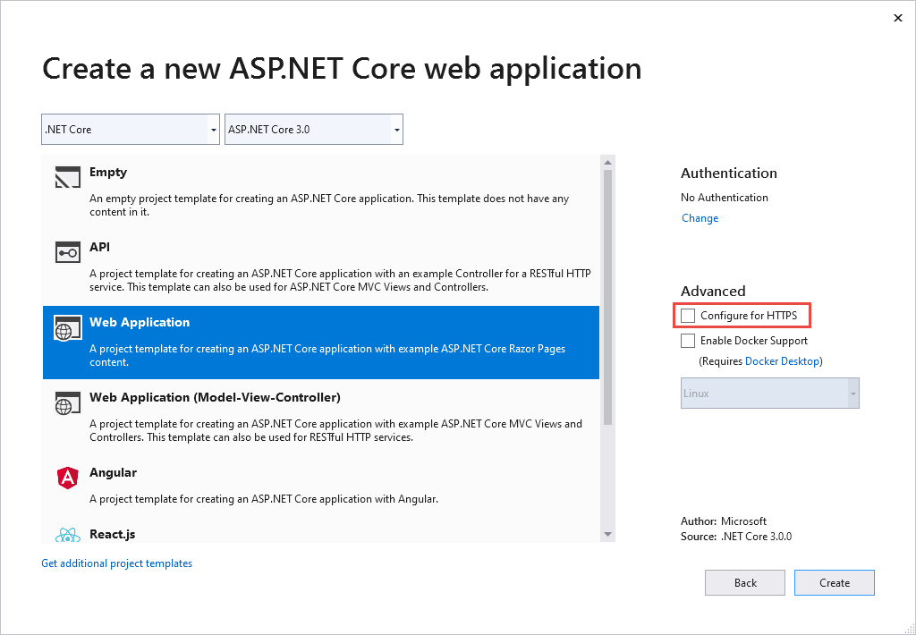 Caixa de diálogo Novo Aplicativo Web do ASP.NET Core mostrando a caixa de seleção Configurar para HTTPS não marcada.