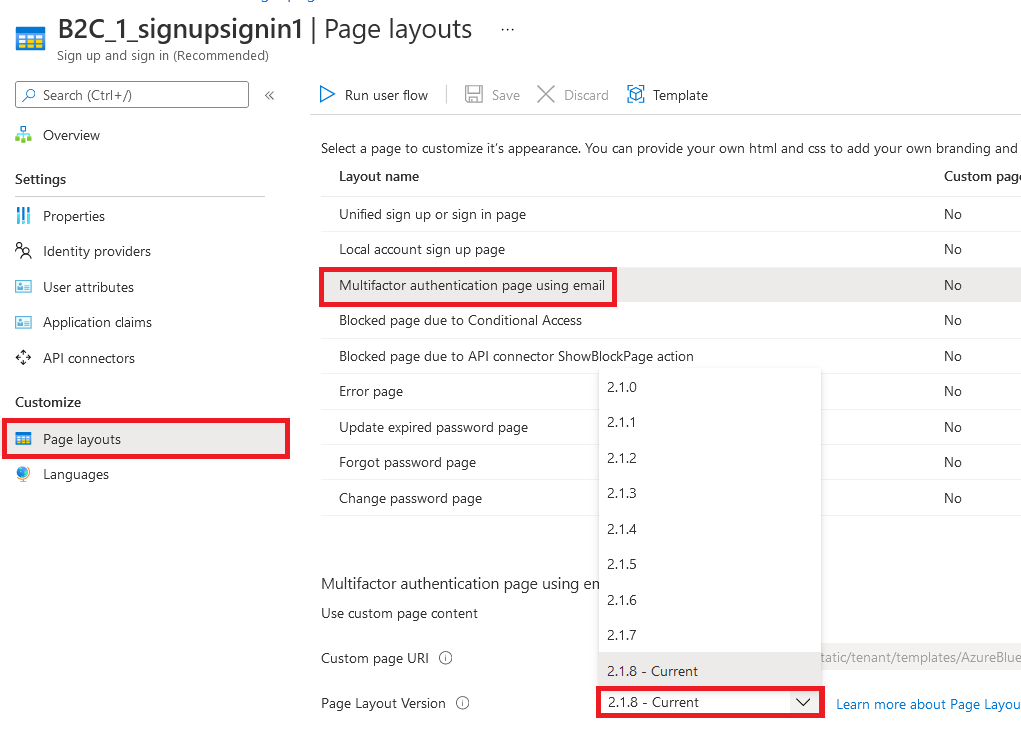 Seleção de layout de página no Azure AD B2C no portal do Azure.