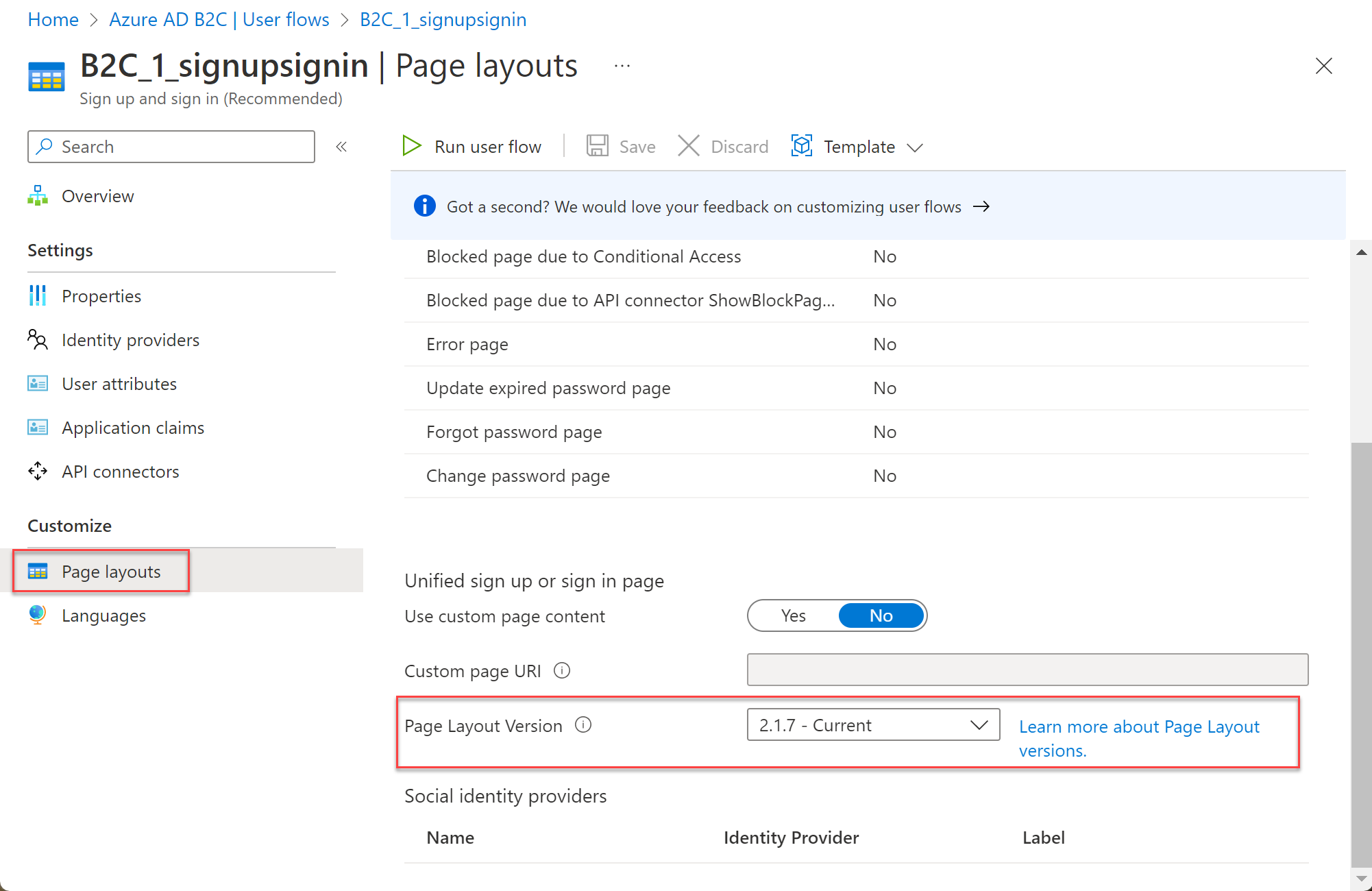 Configurações de layout de página no portal mostrando o menu suspenso da versão de layout de página